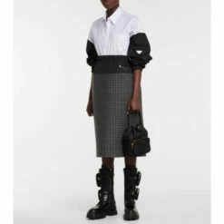 Prada Houndstooth Wool And Nylon Midi Skirt