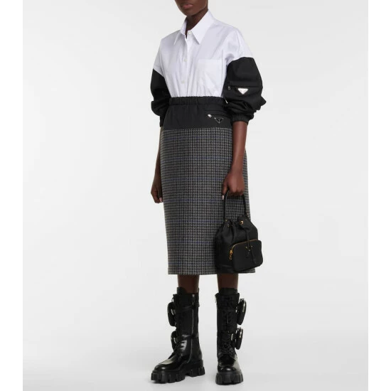 Prada Houndstooth Wool And Nylon Midi Skirt 3 Prada Houndstooth Wool And Nylon Midi Skirt