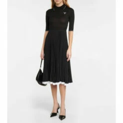 Prada Pleated Silk And Cotton Midi Dress